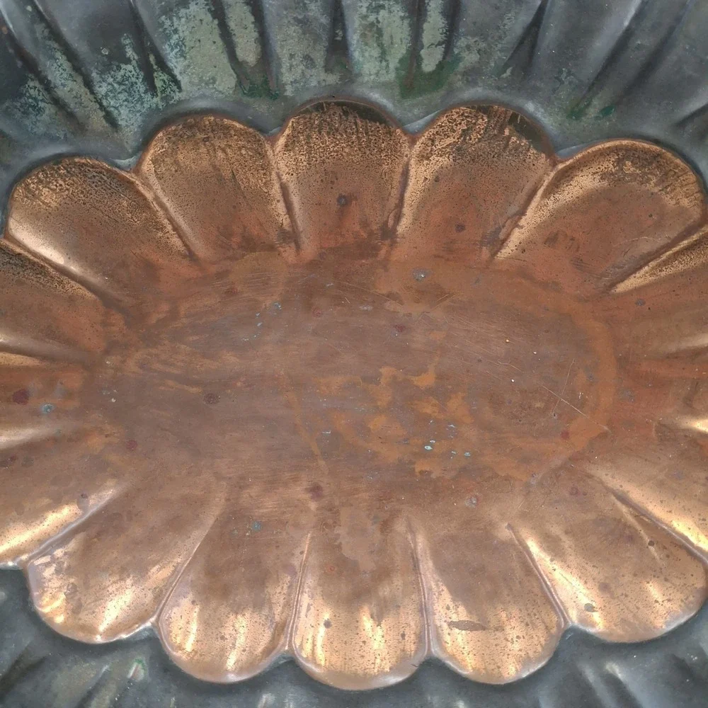 Vintage Italian Copper Footed Tray Scalloped Fluted Oval Serving Platter Italy